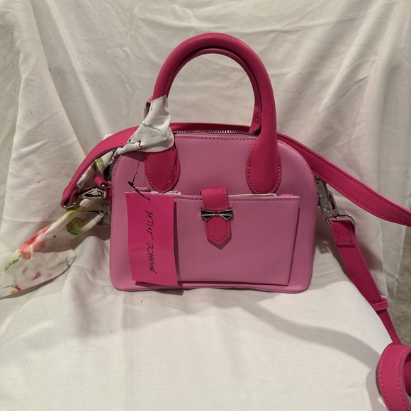 NWT Betsey Johnson Dome Satchel Handbag pink with Floral Scarf - Picture 1 of 7